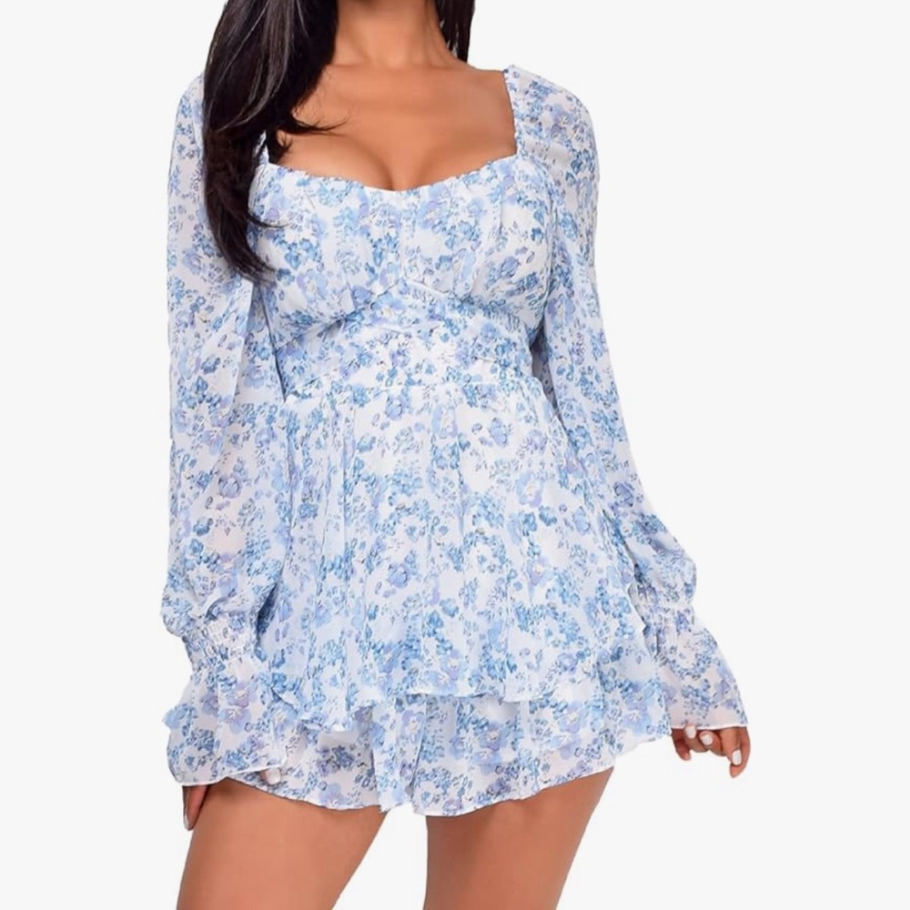 Blue and White Ruched Tiered Sundress with Bishop Sleeves
